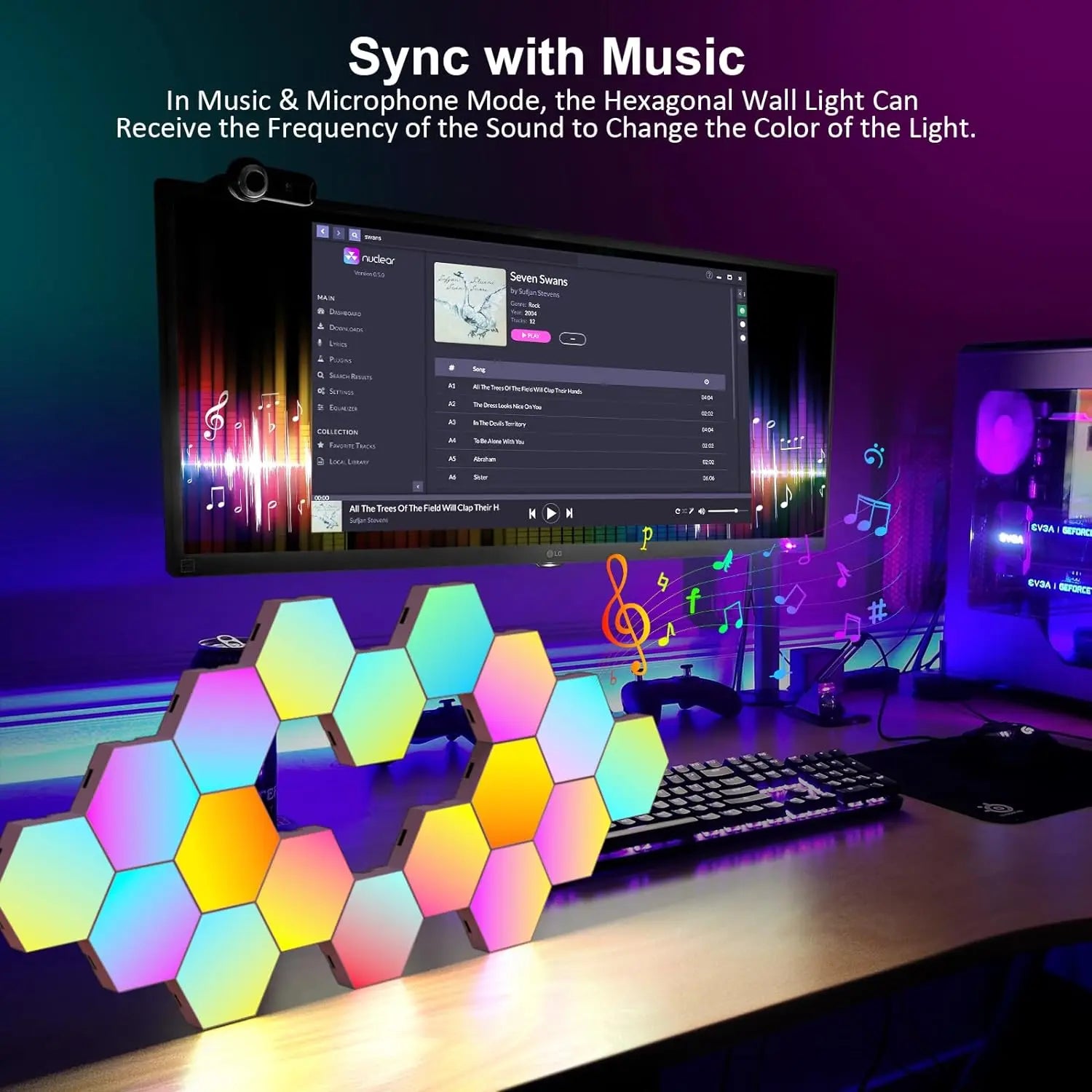 DIY Hexagonal Wall Lights Color Changing Ambient Panels with Rhythm Sync, Modular LED Kit for Gaming Room, Bedroom, Party&Live Stream Decor