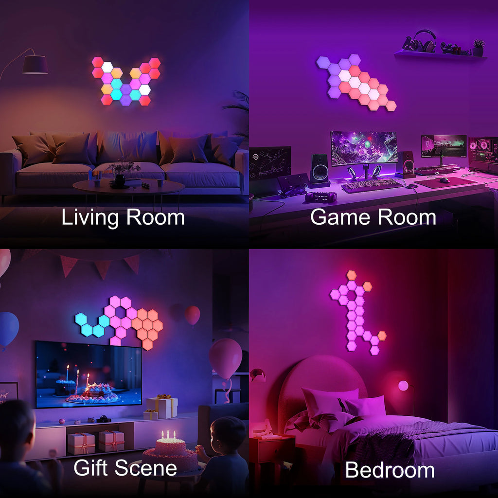 DIY Hexagonal Wall Lights Color Changing Ambient Panels with Rhythm Sync, Modular LED Kit for Gaming Room, Bedroom, Party&Live Stream Decor