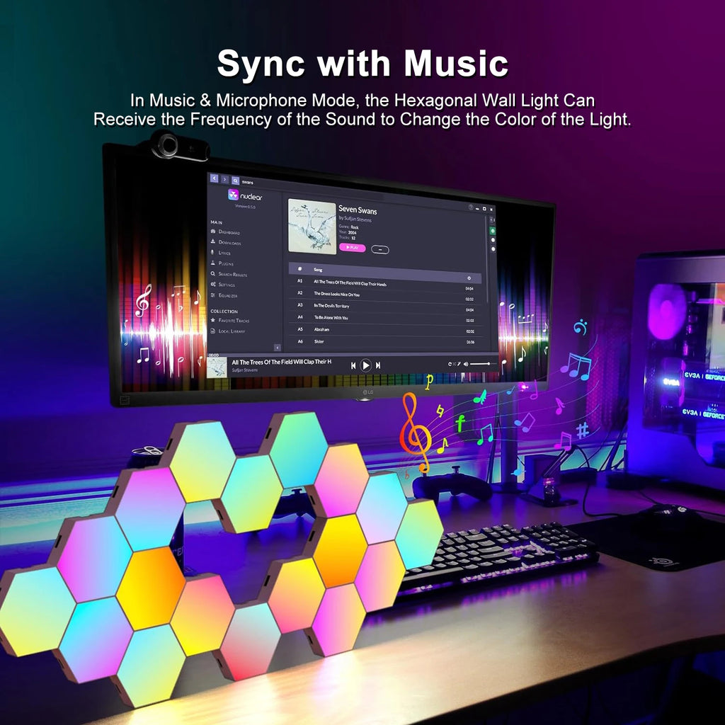 DIY Hexagonal Wall Lights Color Changing Ambient Panels with Rhythm Sync, Modular LED Kit for Gaming Room, Bedroom, Party&Live Stream Decor