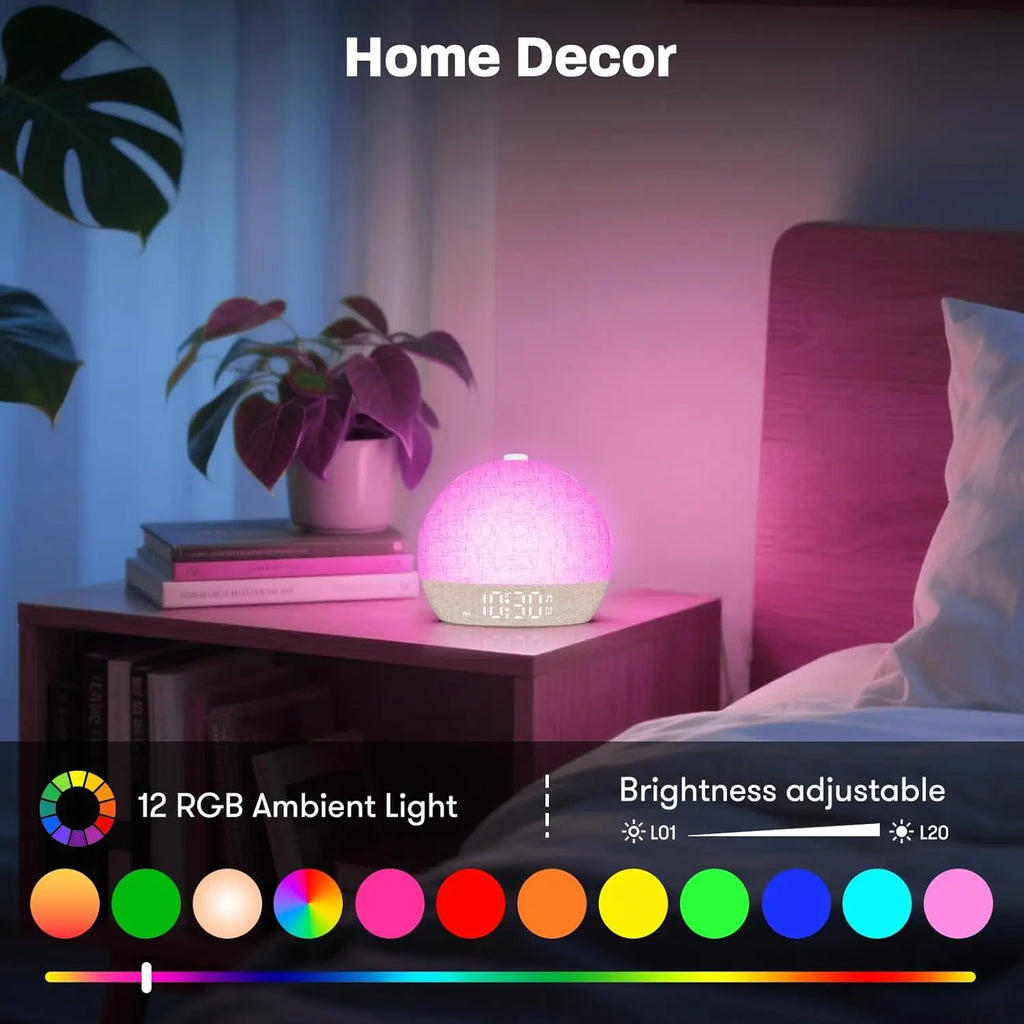Wake Up Light Sunrise Alarm Clock Timer 30 White Noise Sound Machine Dimmable RGB Night Lights Sleep Aid Snooze Ideal for Gift