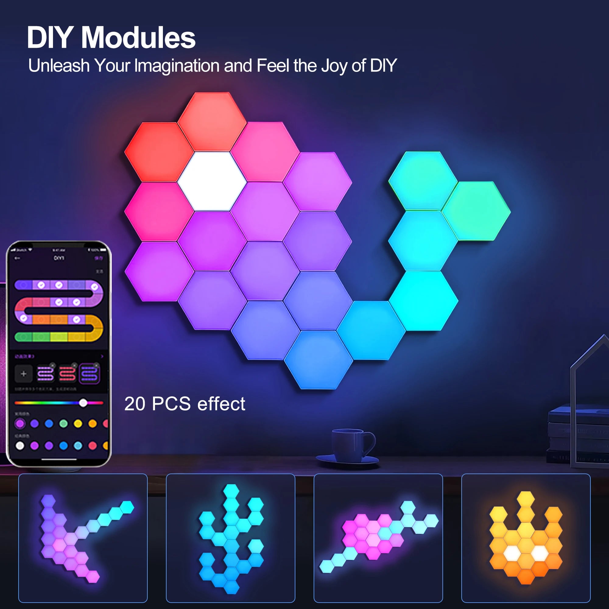 DIY Hexagonal Wall Lights Color Changing Ambient Panels with Rhythm Sync, Modular LED Kit for Gaming Room, Bedroom, Party&Live Stream Decor