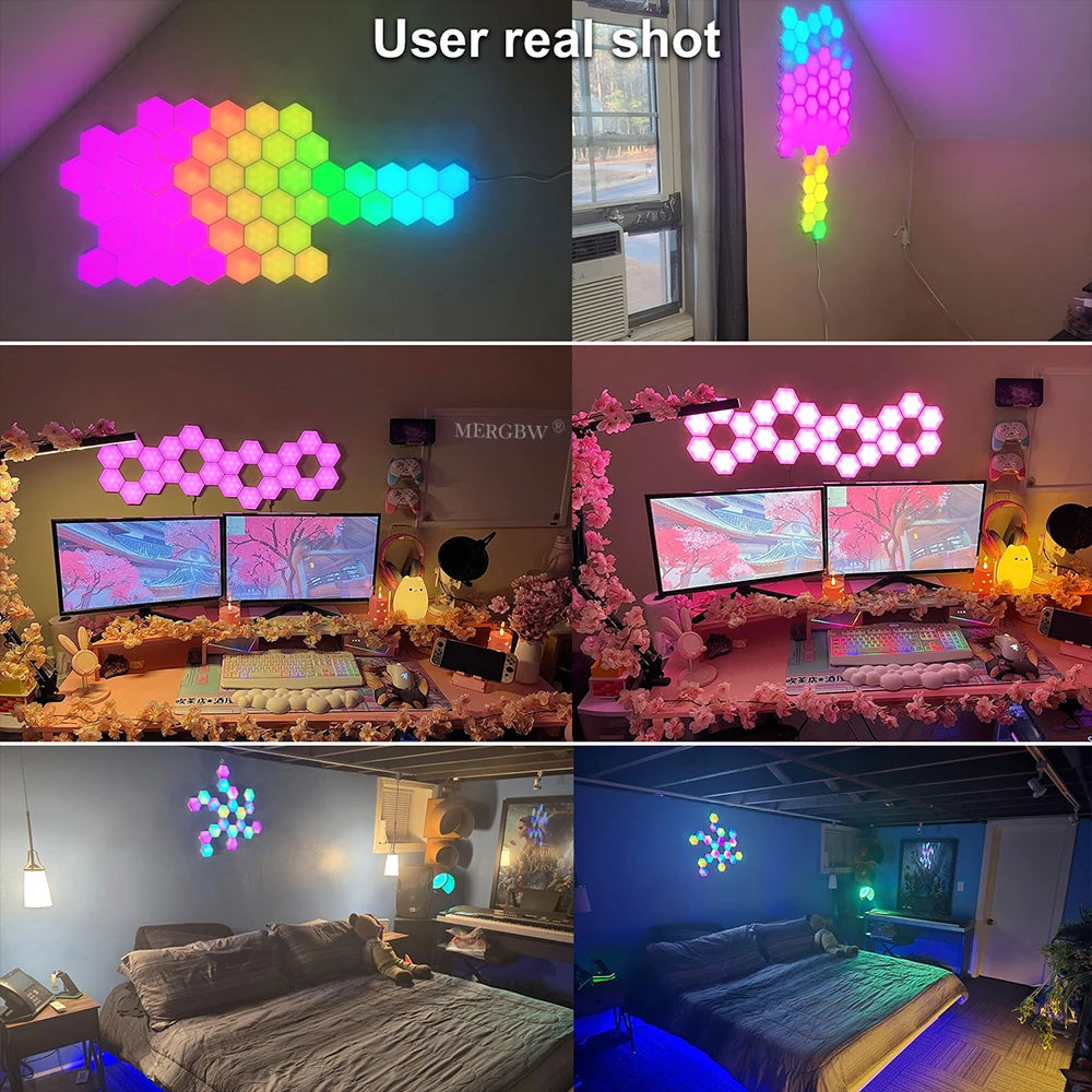 DIY Hexagonal Wall Lights Color Changing Ambient Panels with Rhythm Sync, Modular LED Kit for Gaming Room, Bedroom, Party&Live Stream Decor